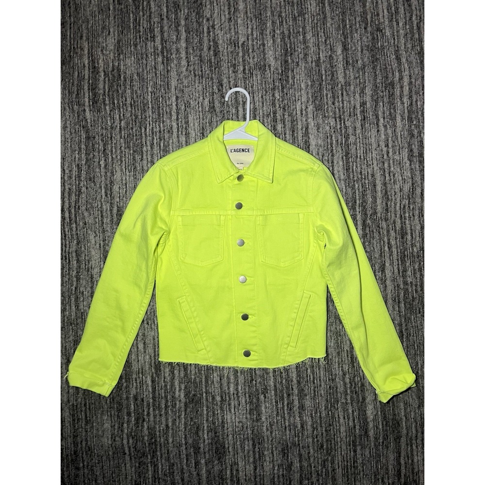 L'Agence Women's Janelle Neon Yellow Slim Denim Jean Jacket Chartreuse Size XS